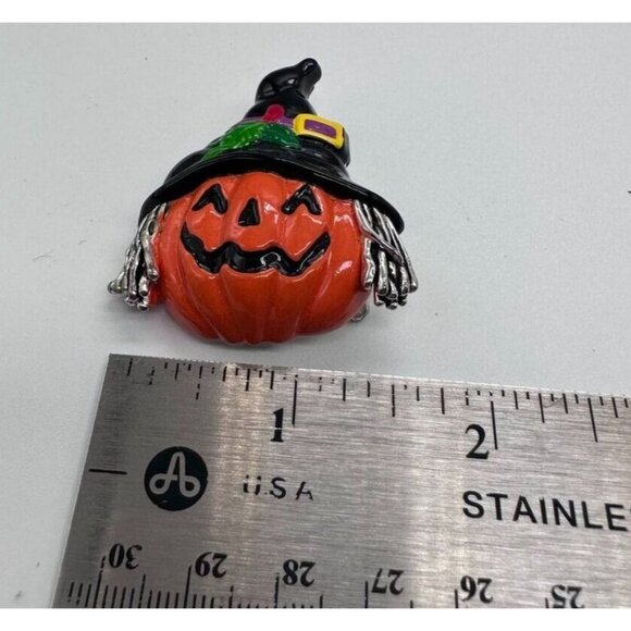 BEST Jack O Lantern Pumpkin Brooch Pierced Earrings Set Enamel Halloween Witch - Picture 8 of 14
